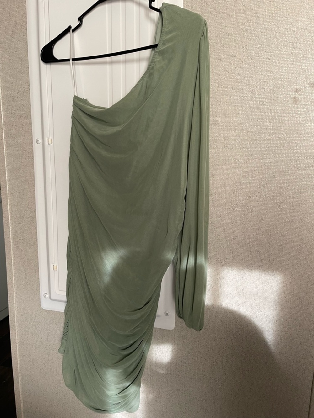 One-Shoulder Draped Midi Dress in Sage Green